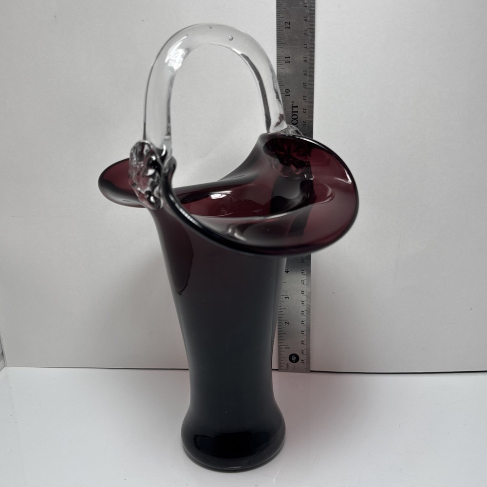 Vintage Purple and Clear‎ Handblown Glass Basket Vase 12 Inches